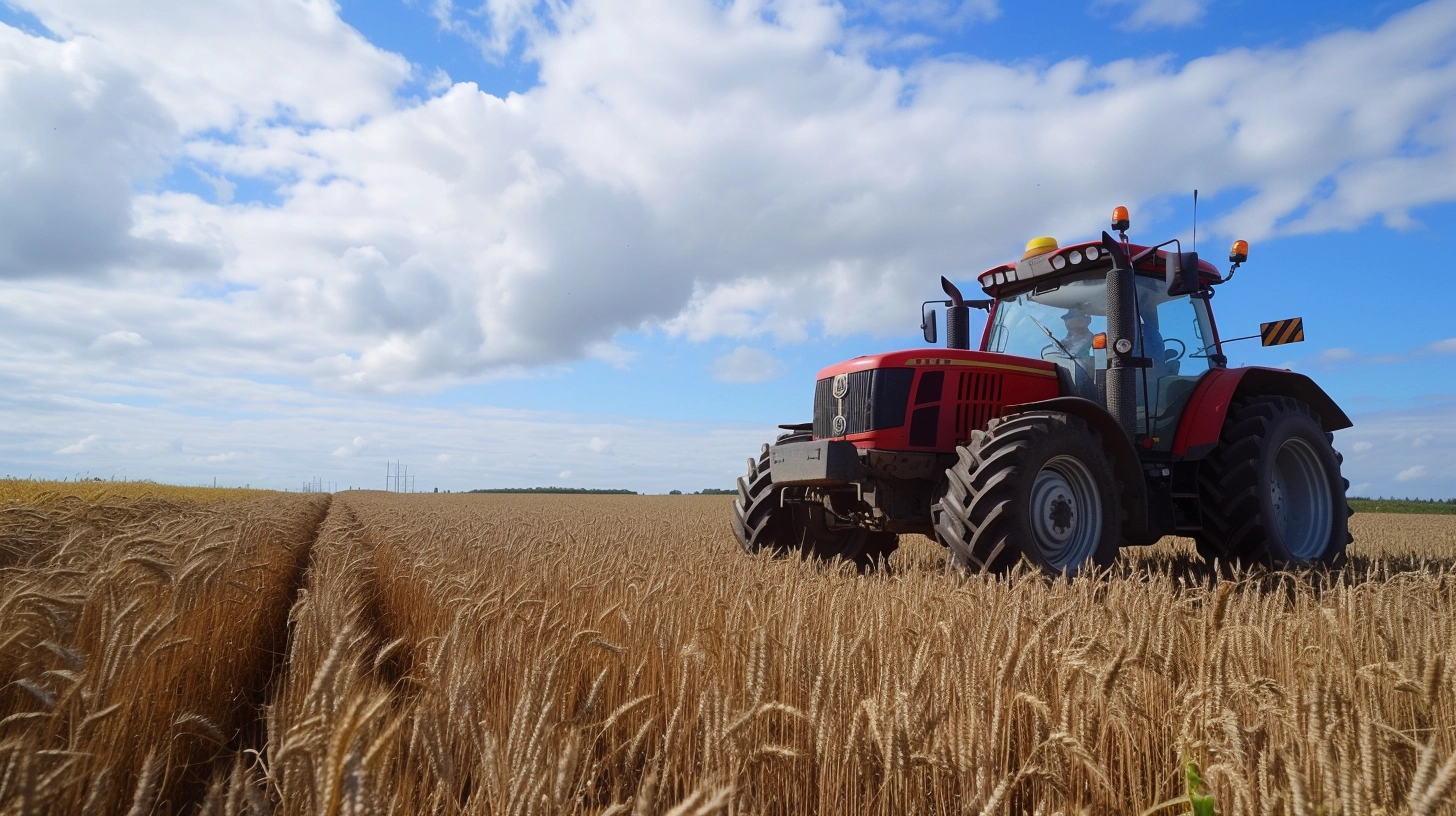 Advanced farming machinery harvesting wheat in Russia, contributing to increased production.