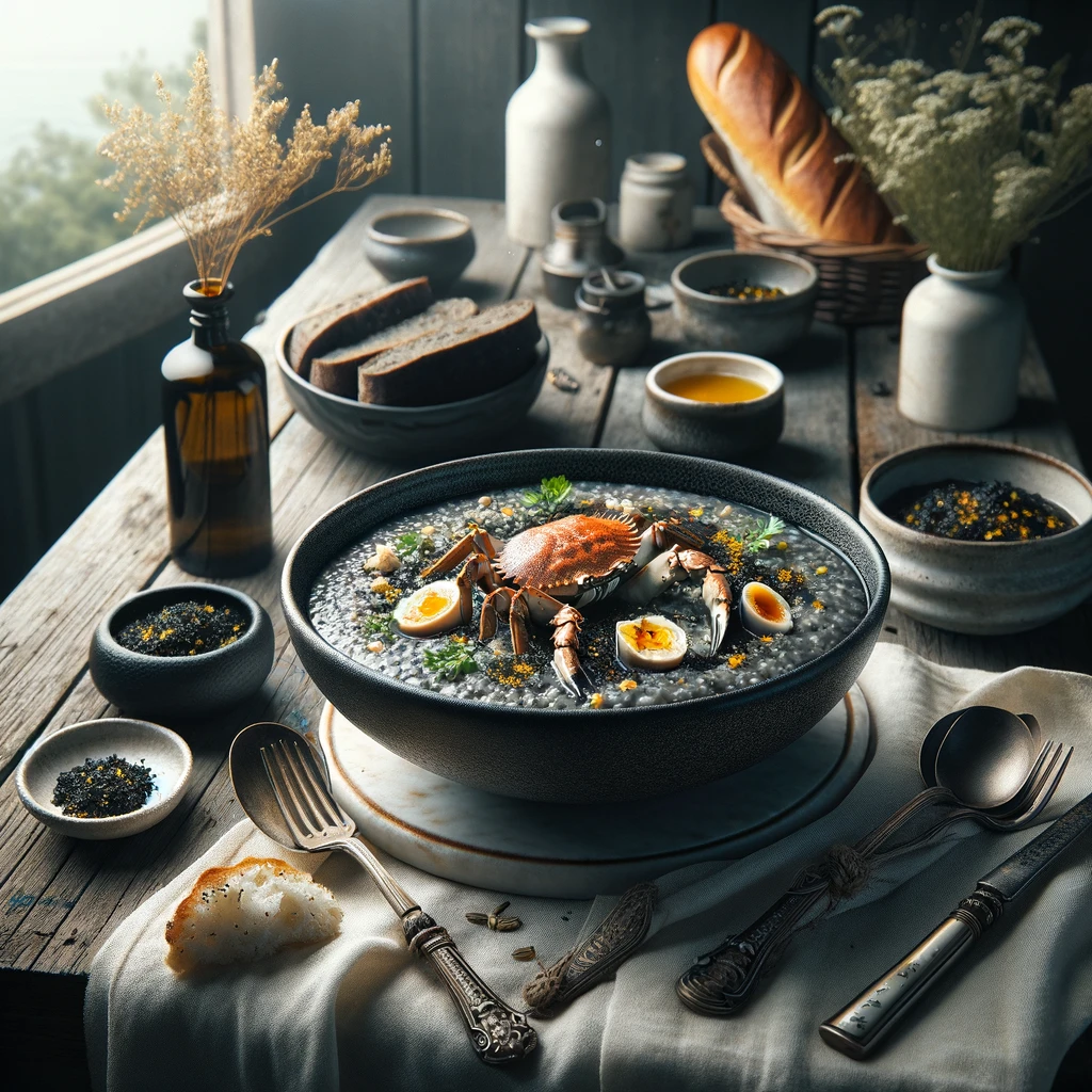 Bubur ketam hitam disajikan dalam mangkuk keramik, dengan daging ketam yang lezat mengambang di atas kuah gurih