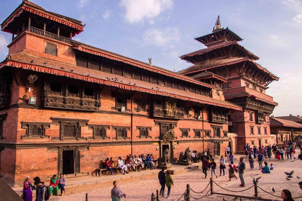 Panoramic view of Patan Durbar Square with its ancient temples and palaces.