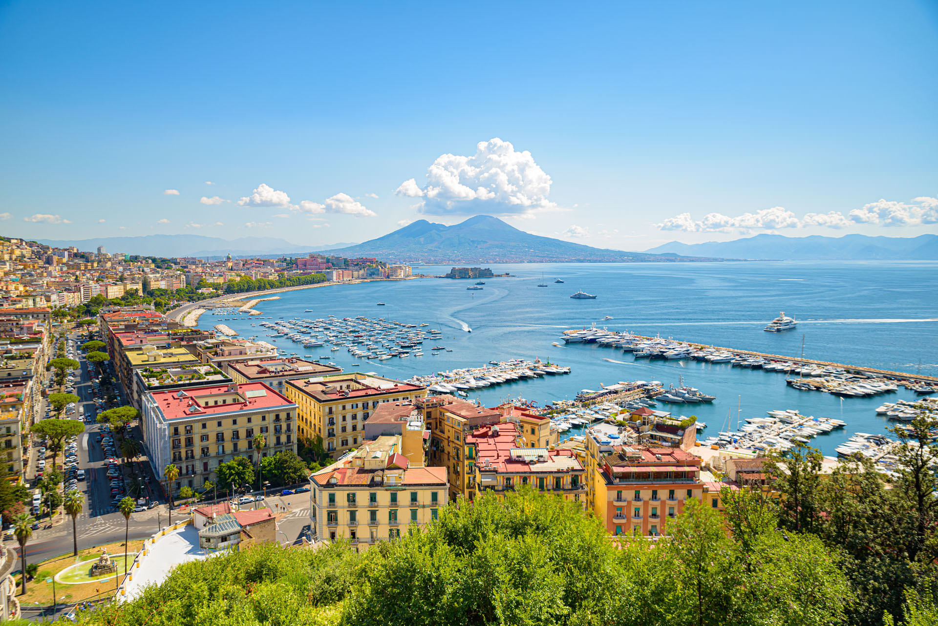 Panoramic view of Naples with Mount Vesuvius in the background